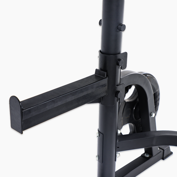 Black weightlifting squat rack on a white background