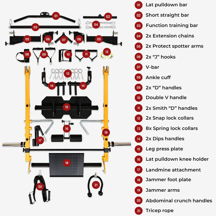 Assorted gym equipment with labels on a white background
