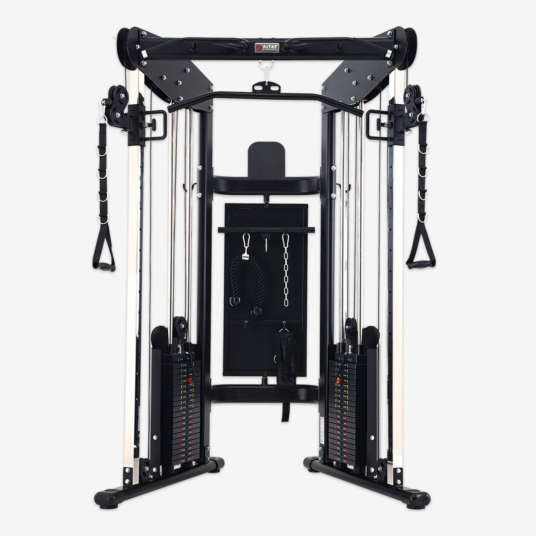 Black cable machine gym equipment on a white background