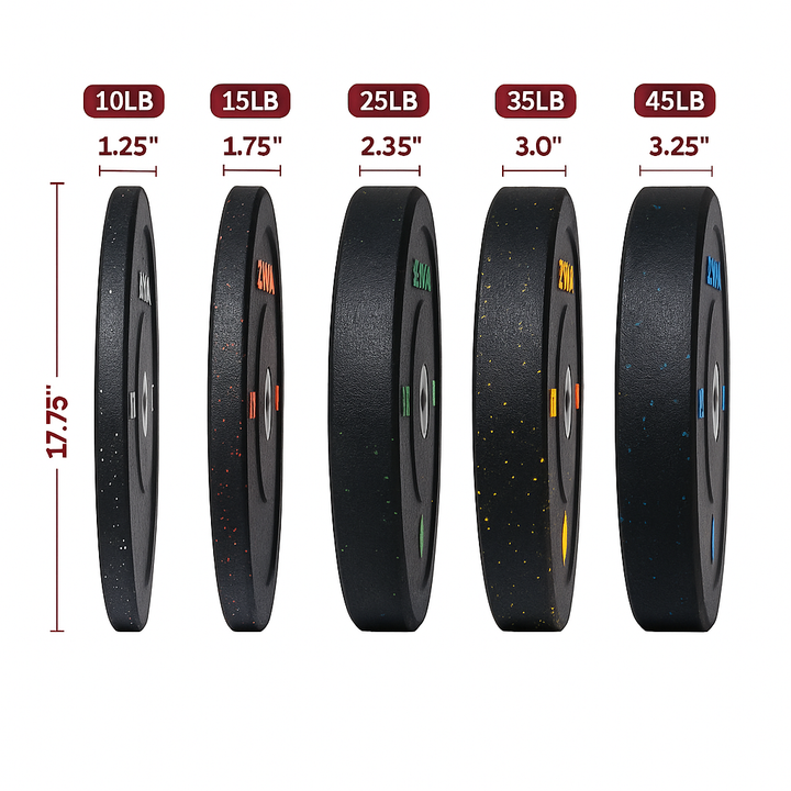 X-RIVAL Crumb Bumper Plates in various weights from 10LB to 45LB, designed for strength training and workouts.