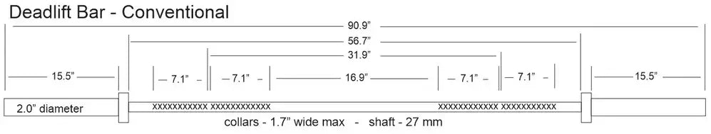 Diagram of StrongArm Conventional Deadlift Bar dimensions, showcasing diameter and shaft specifications for optimal lifting performance.
