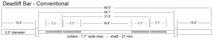 Diagram of StrongArm Conventional Deadlift Bar dimensions, showcasing diameter and shaft specifications for optimal lifting performance.