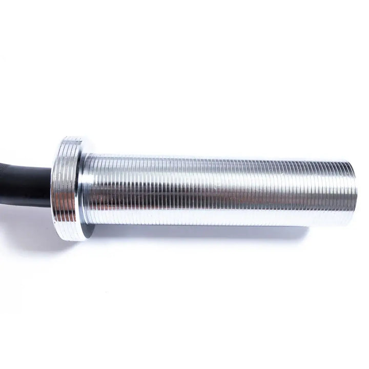 Close-up of the nickel-plated sleeve of the StrongArm EZ Curl Bar, showcasing its snap ring design and quality finish.