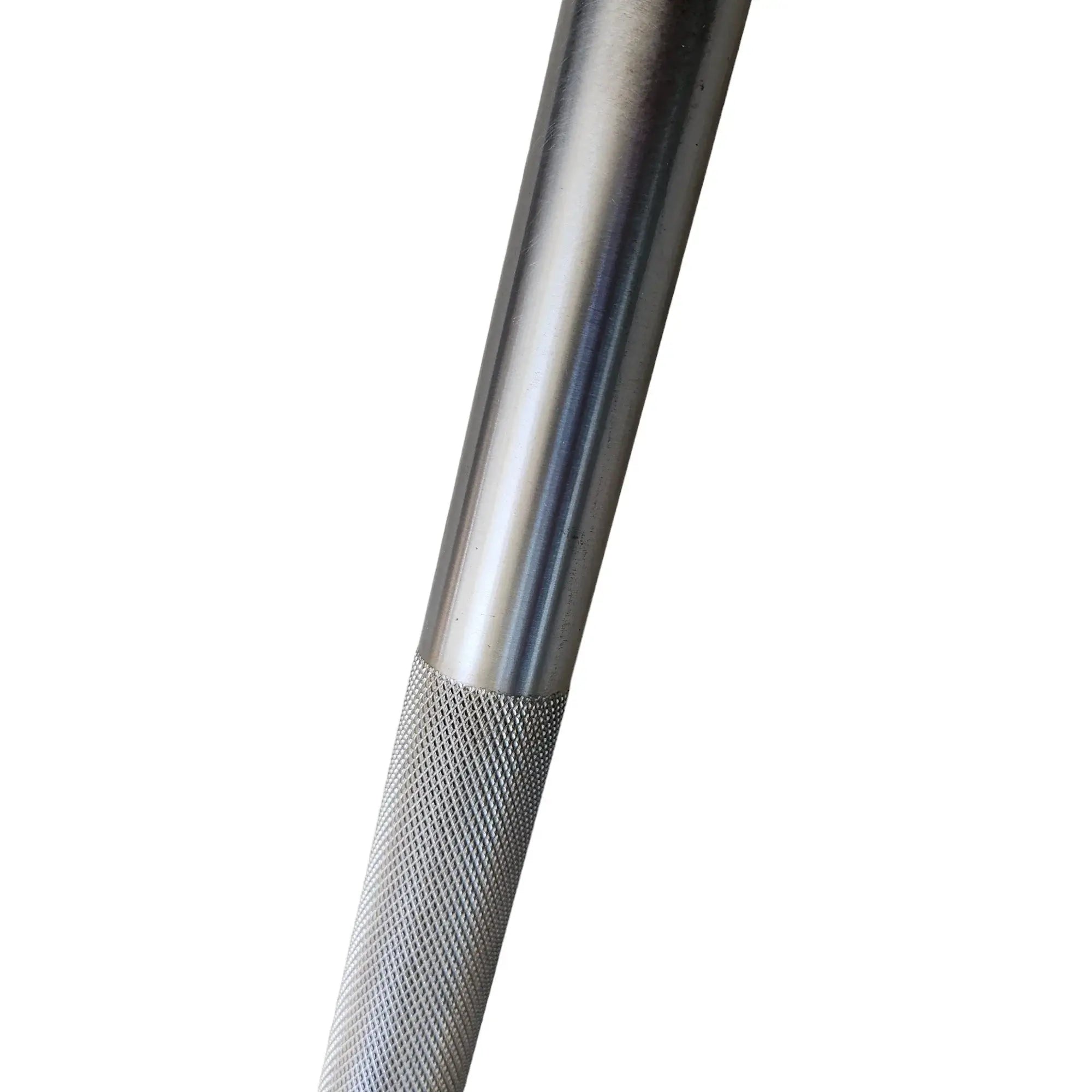 Close-up of StrongArm Power Bar 2.0 showcasing knurled grip and sturdy steel design for weightlifting.