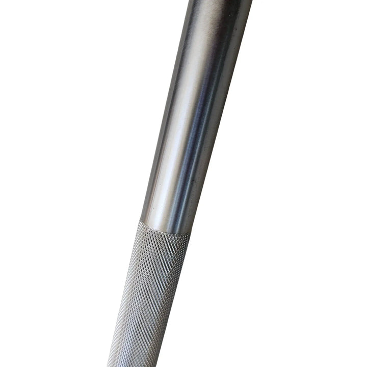 Close-up of StrongArm Power Bar 2.0 showcasing the knurled grip and sturdy steel design for secure lifting.