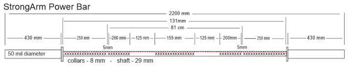 StrongArm Power Bar specifications diagram showing dimensions and measurements for gym use.