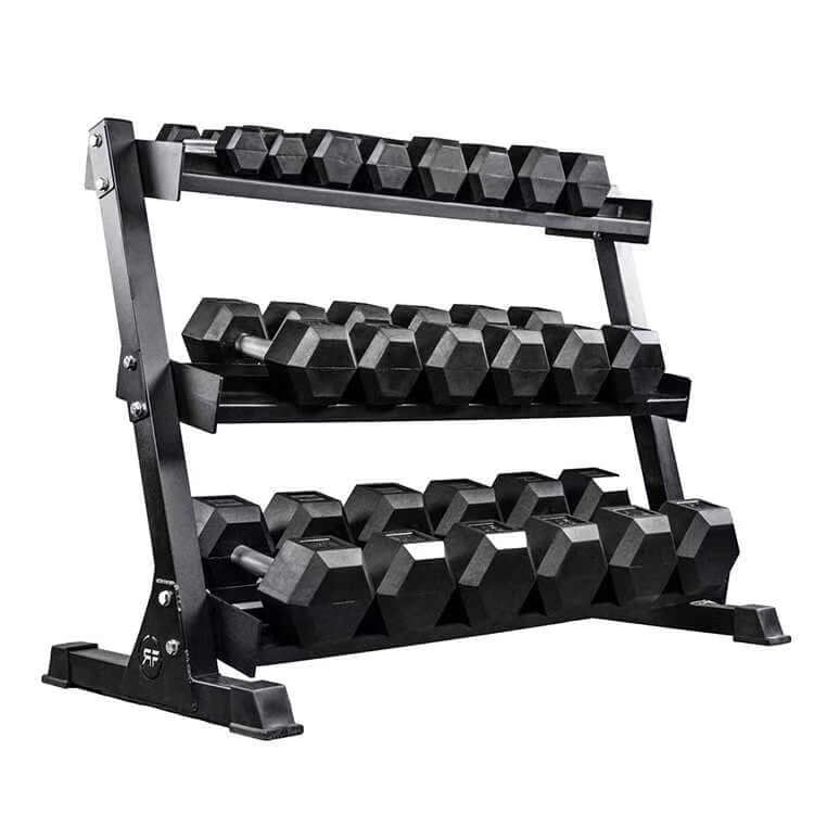 X-RIVAL Rubber Hex Dumbbell rack showcasing premium strength weights for effective home and gym workouts.