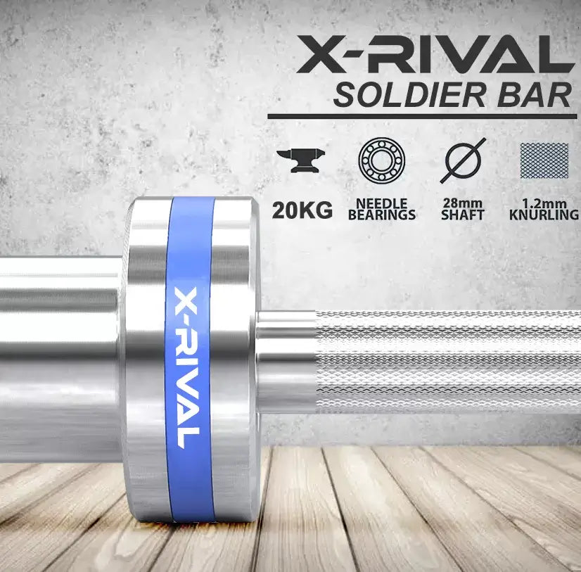 X-RIVAL Soldier Olympic Bar featuring needle bearings, chrome finish, and 28mm shaft for optimal performance in weightlifting.
