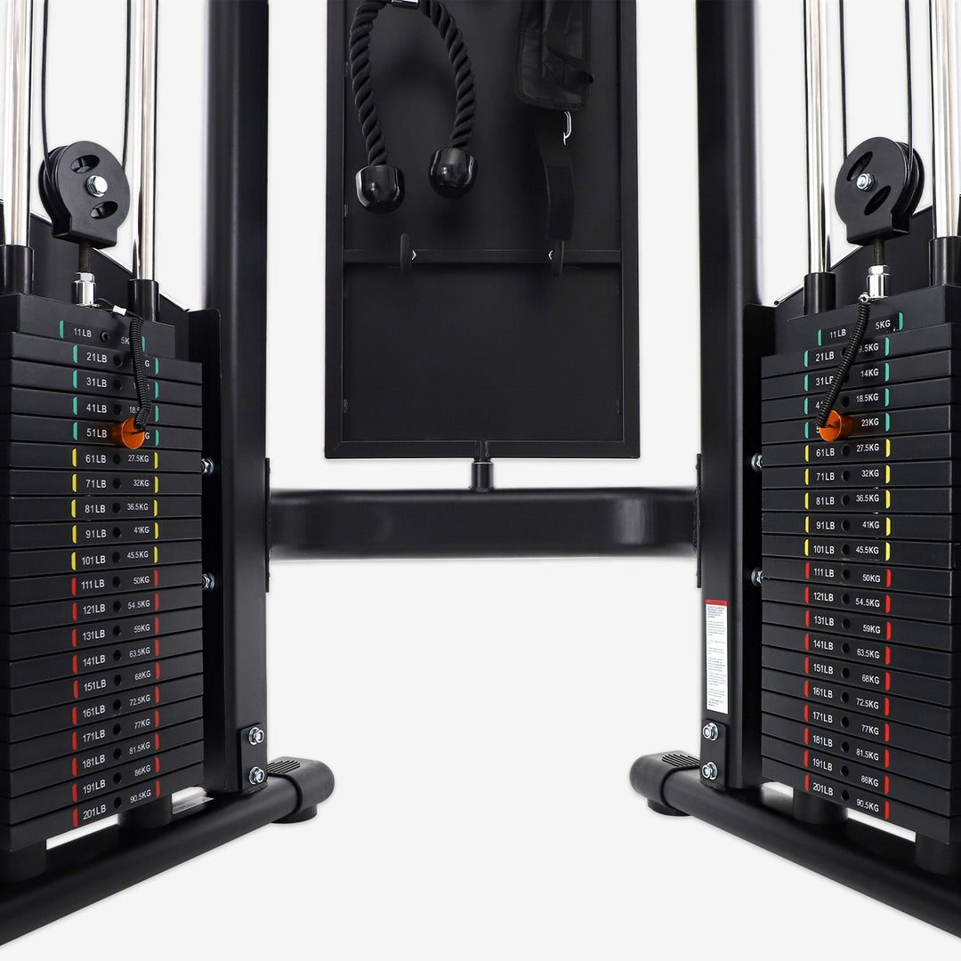 Gym machine with weight stack and pulley system on a white background