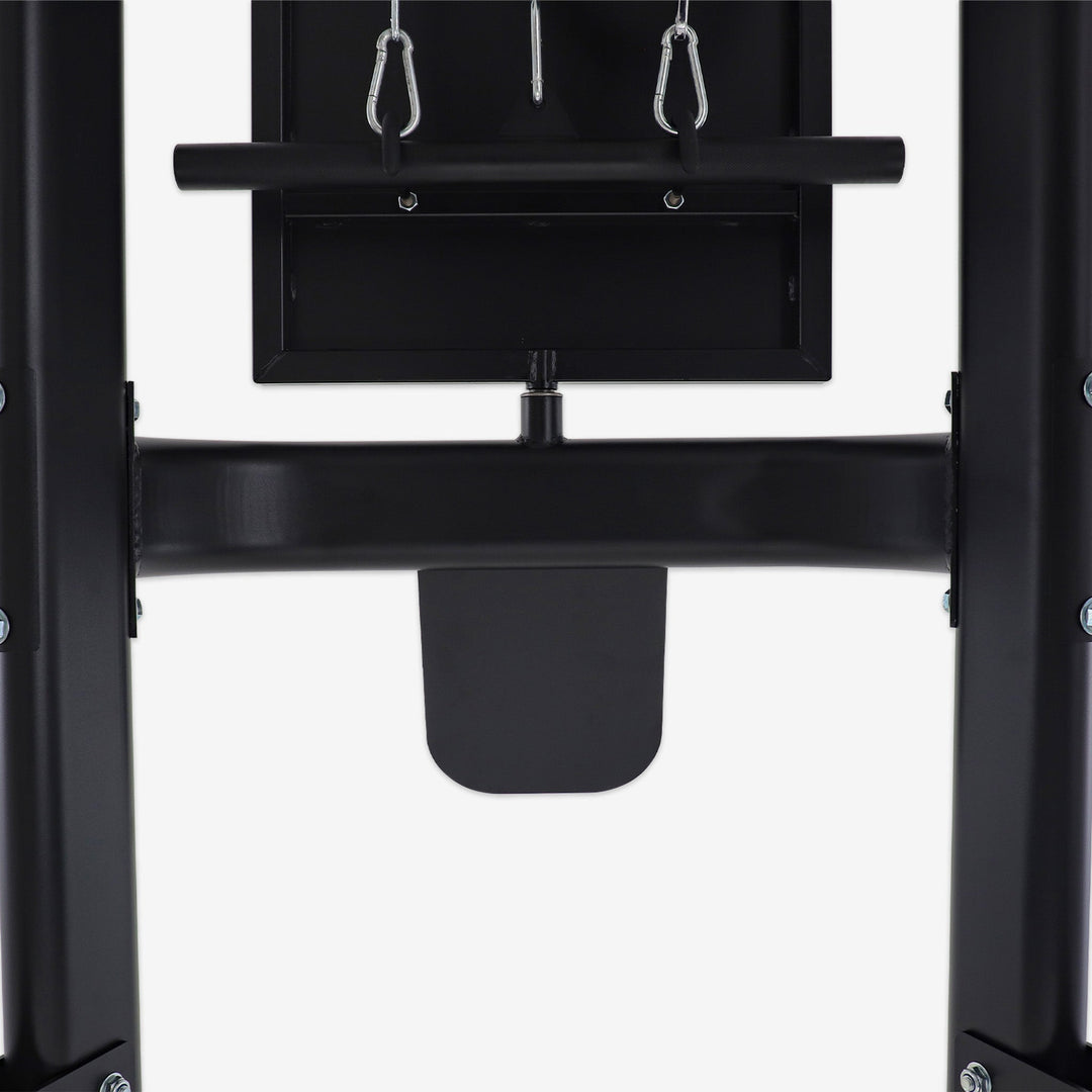 Black weightlifting platform with bar and rings on a white background