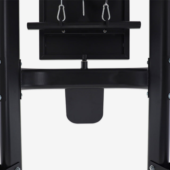 Black weightlifting platform with bar and rings on a white background