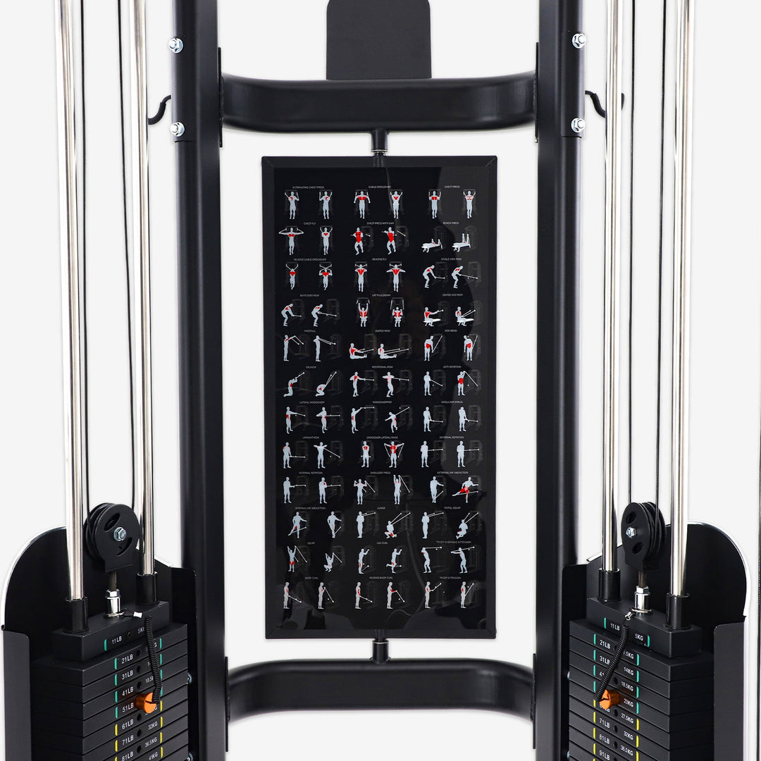 Gym machine with exercise chart on a white background