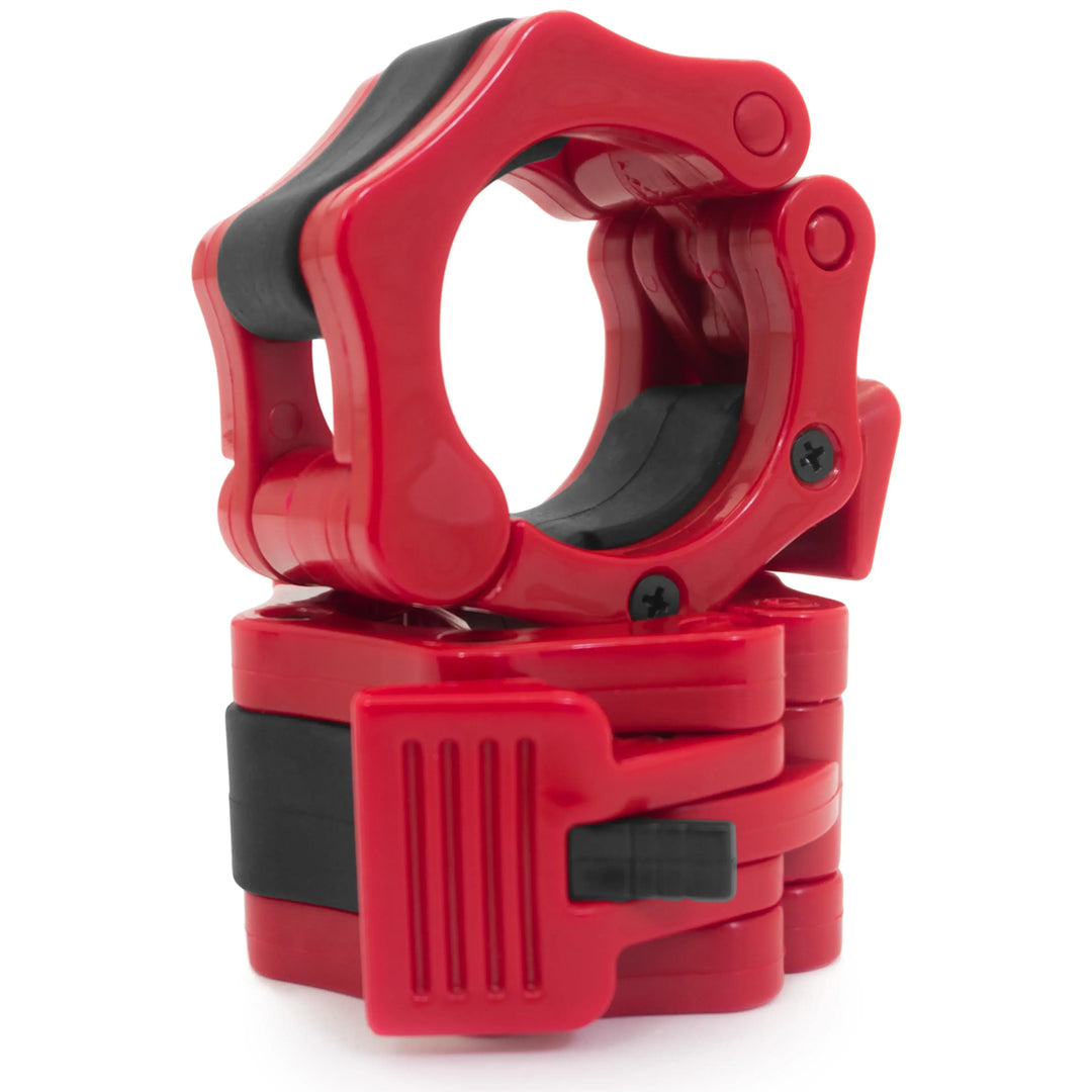2" Olympic barbell collars from X-Rival in red, designed for secure weight plate attachment for safety during workouts.