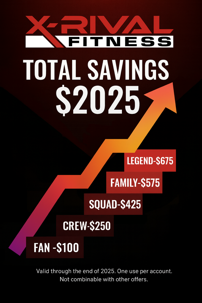 X-Rival Fitness promotional graphic with savings information and an arrow graph on a black background.