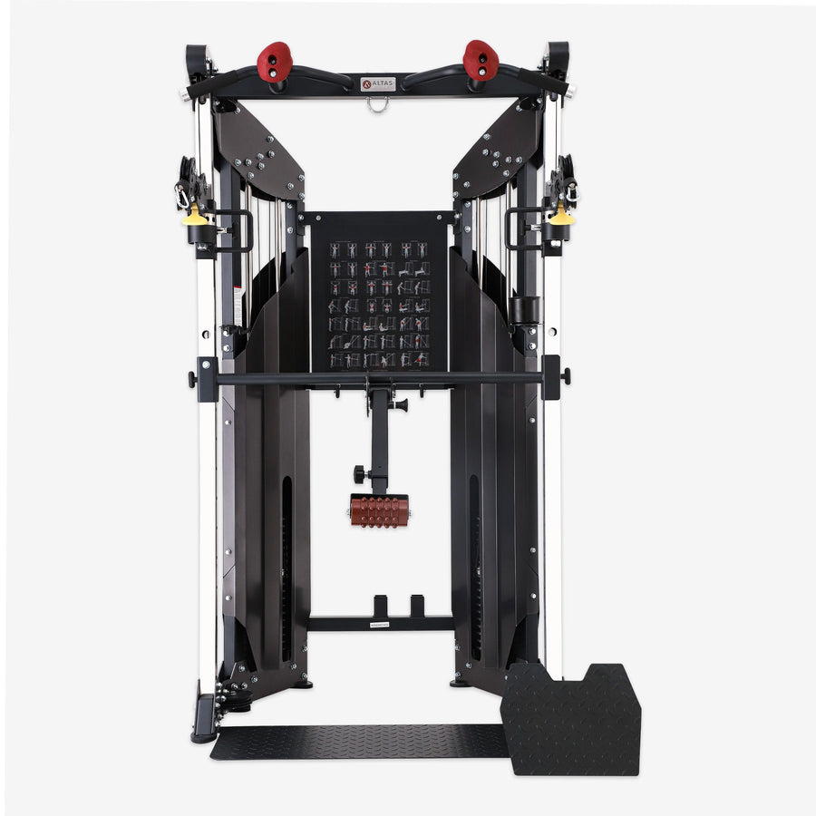Black fitness equipment frame with red accents on a white background