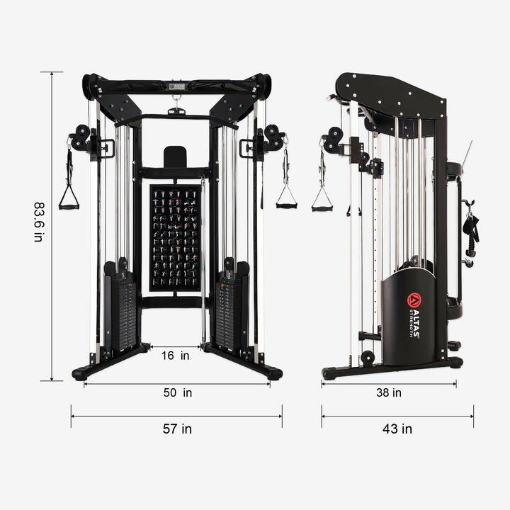 Gym equipment with dimensions labeled on a white background