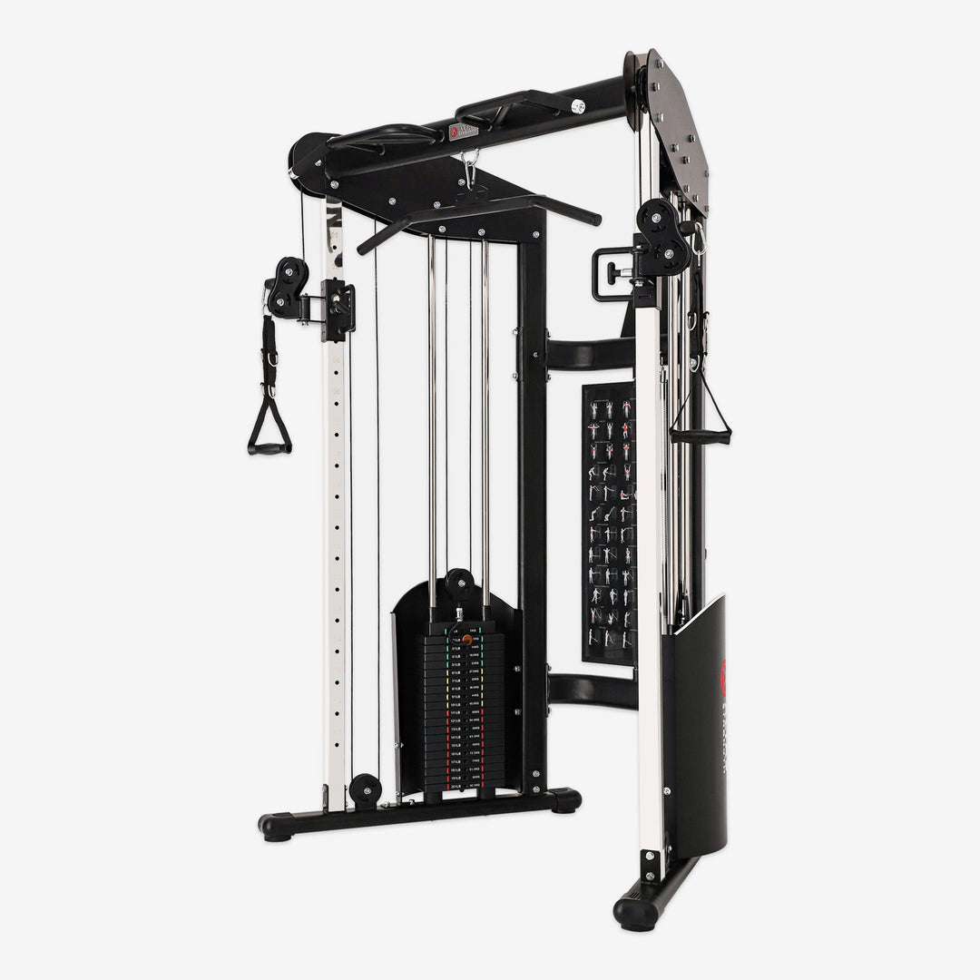 Gym equipment with pulleys and weight stack on a white background