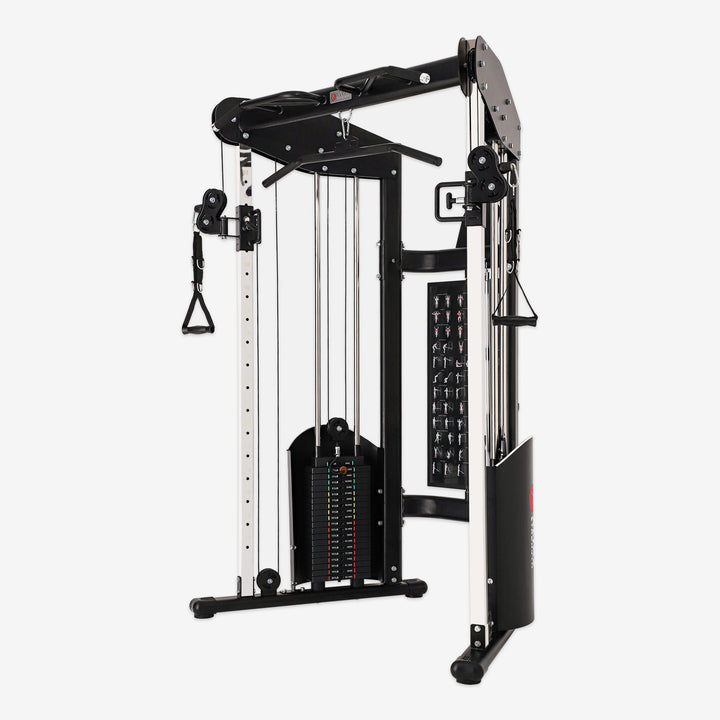 Gym equipment with pulleys and weight stack on a white background