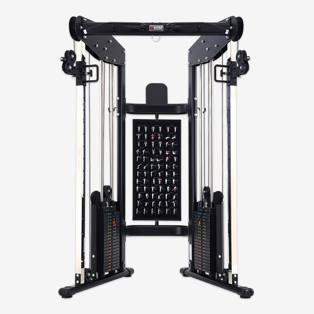 Gym equipment with a rack of attachments on a white background