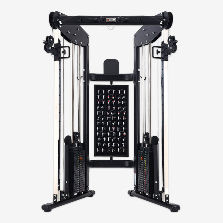 Gym equipment with a rack of attachments on a white background
