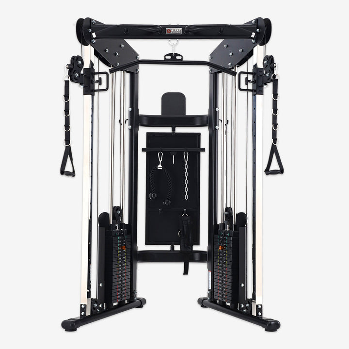 Black cable machine gym equipment on a white background