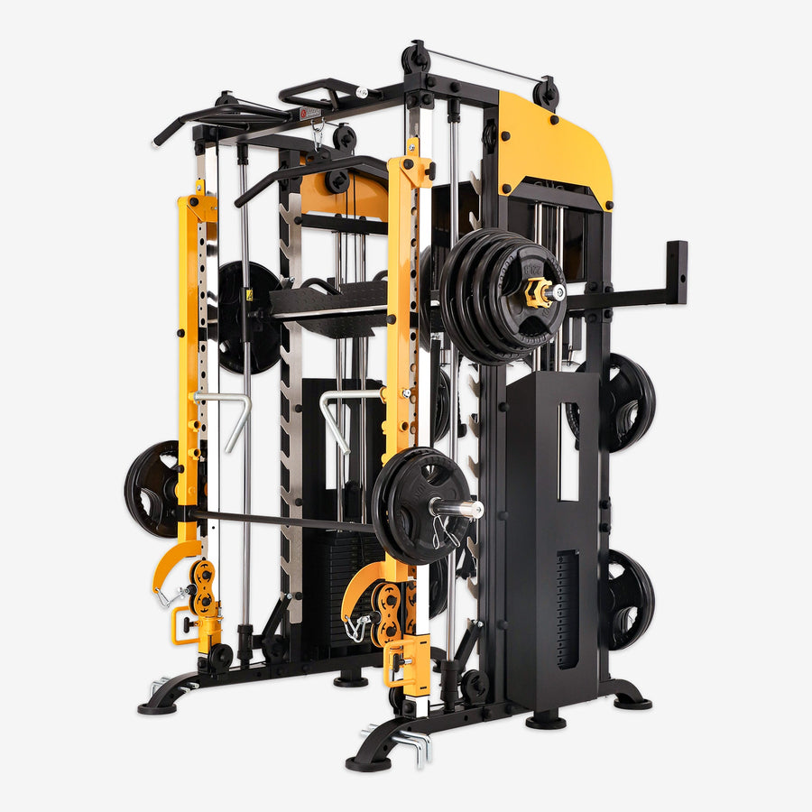 Yellow and black gym equipment rack with weights on a white background