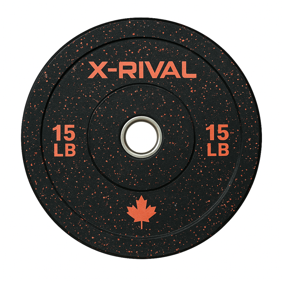 X-RIVAL 15 lb eco-friendly crumb bumper plate with red speckles and Canadian maple leaf design.