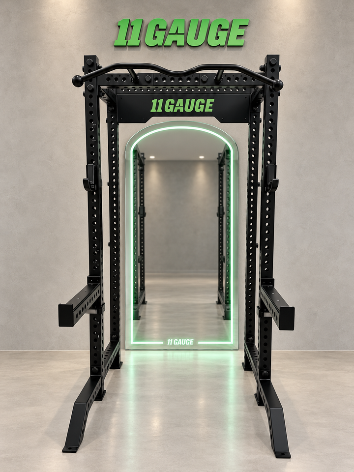 Black Warrior Half Rack — A100 | Front scene — optional MR1000 mirror, no pegboard