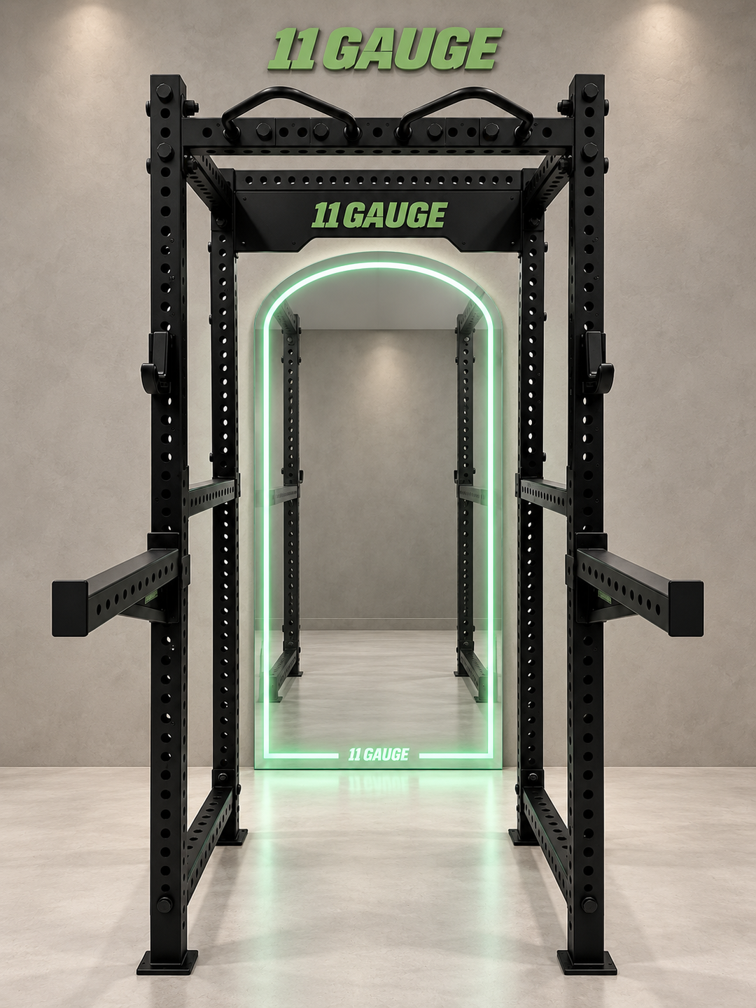 Black Warrior Full Rack — A200 | Front scene — optional MR1000 mirror, no pegboard