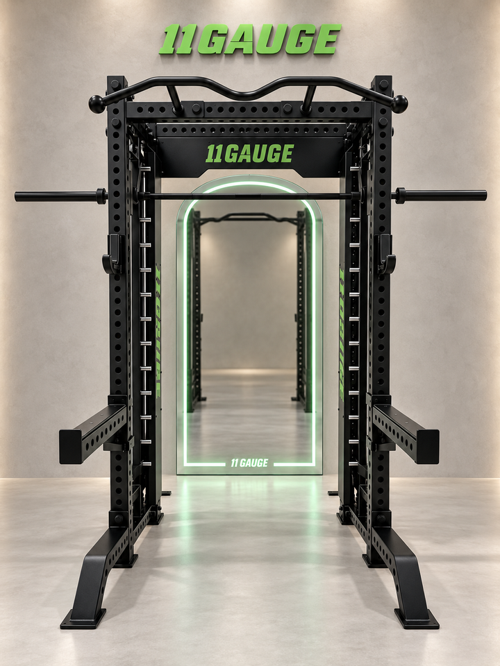 Black Warrior Smith Machine & Power Rack — A395 | Front scene — optional MR1000 mirror, no pegboard