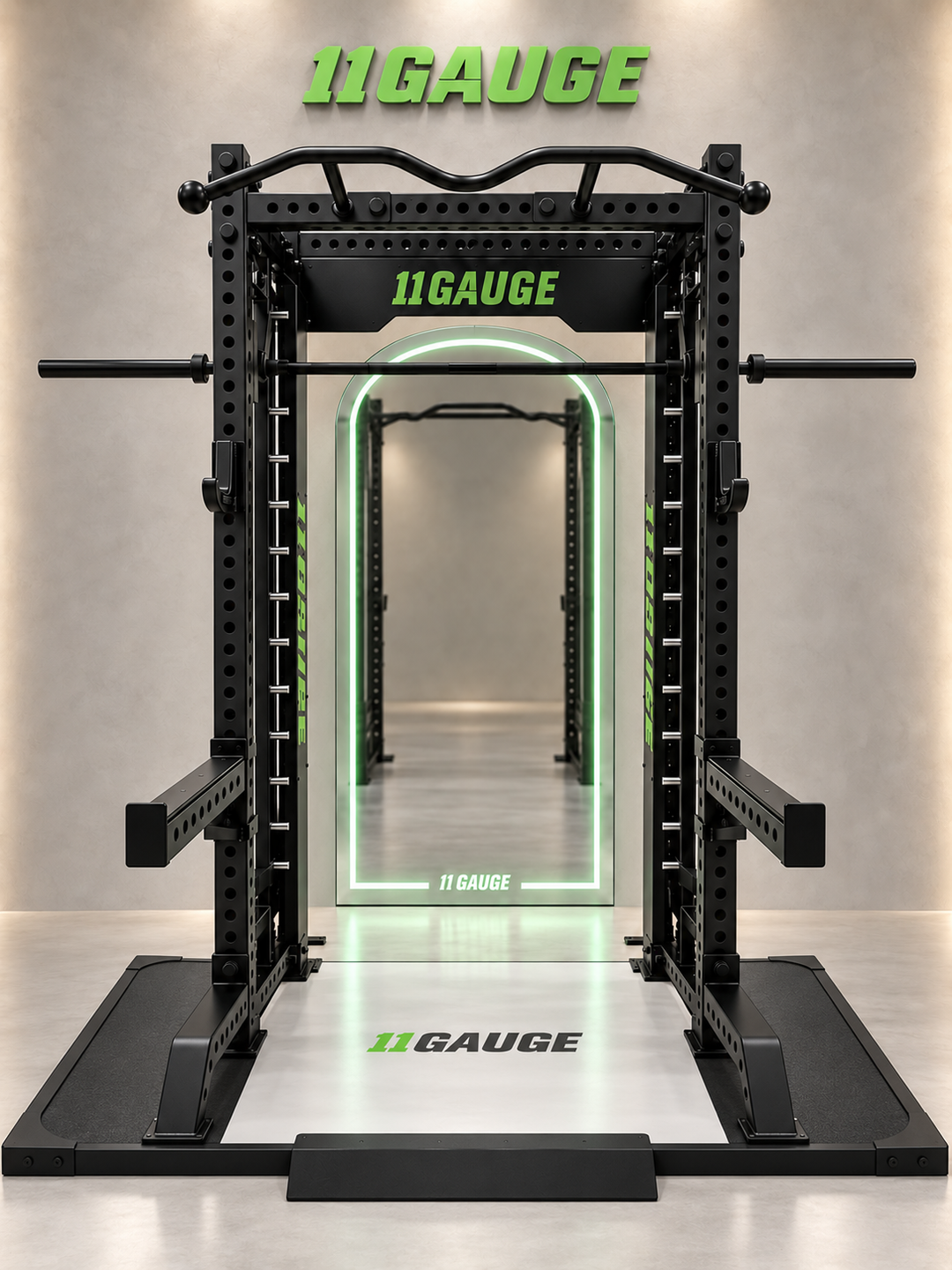 Black Warrior Smith Machine & Power Rack — A395 | Front scene — optional MR1000 mirror and Z1076 lifting platform, no pegboard