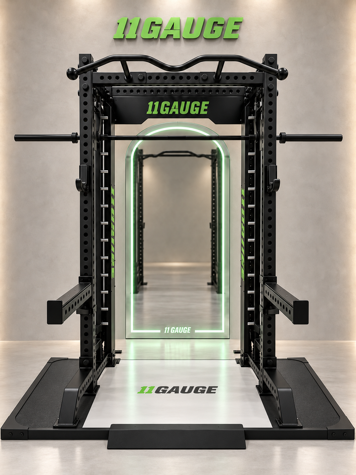 Black Warrior Smith Machine & Power Rack — A395 | Front scene — optional MR1000 mirror and Z1076 lifting platform, no pegboard