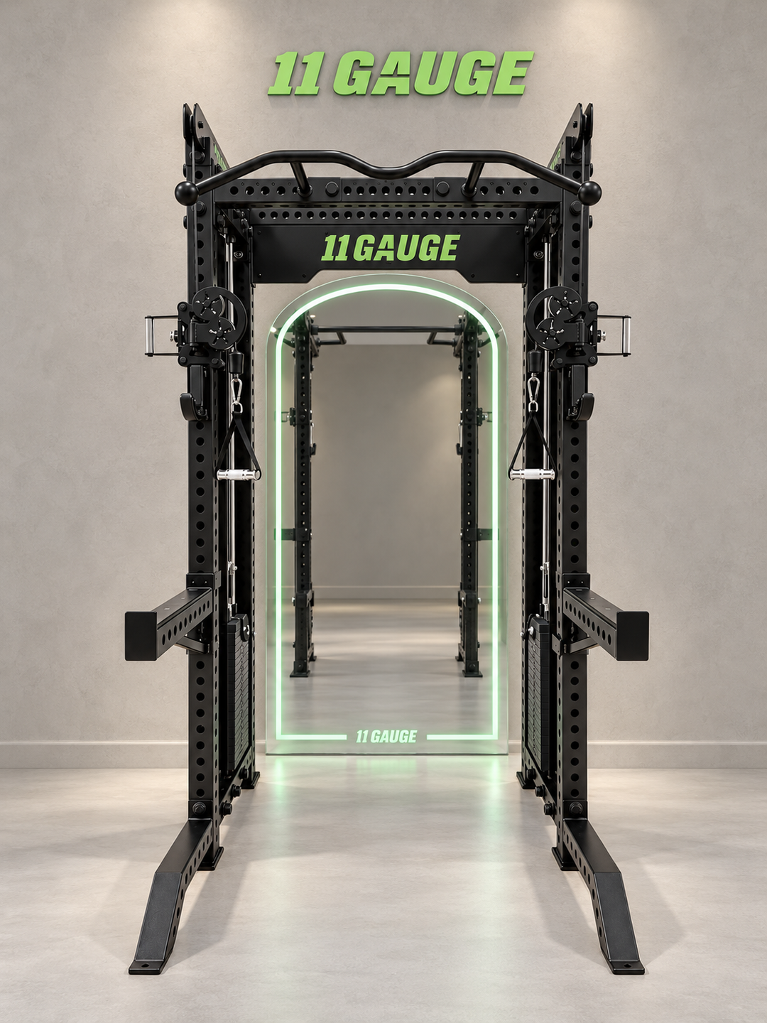 Black Warrior Functional Trainer & Power Rack — A419 | Front scene — optional MR1000 mirror, no pegboard