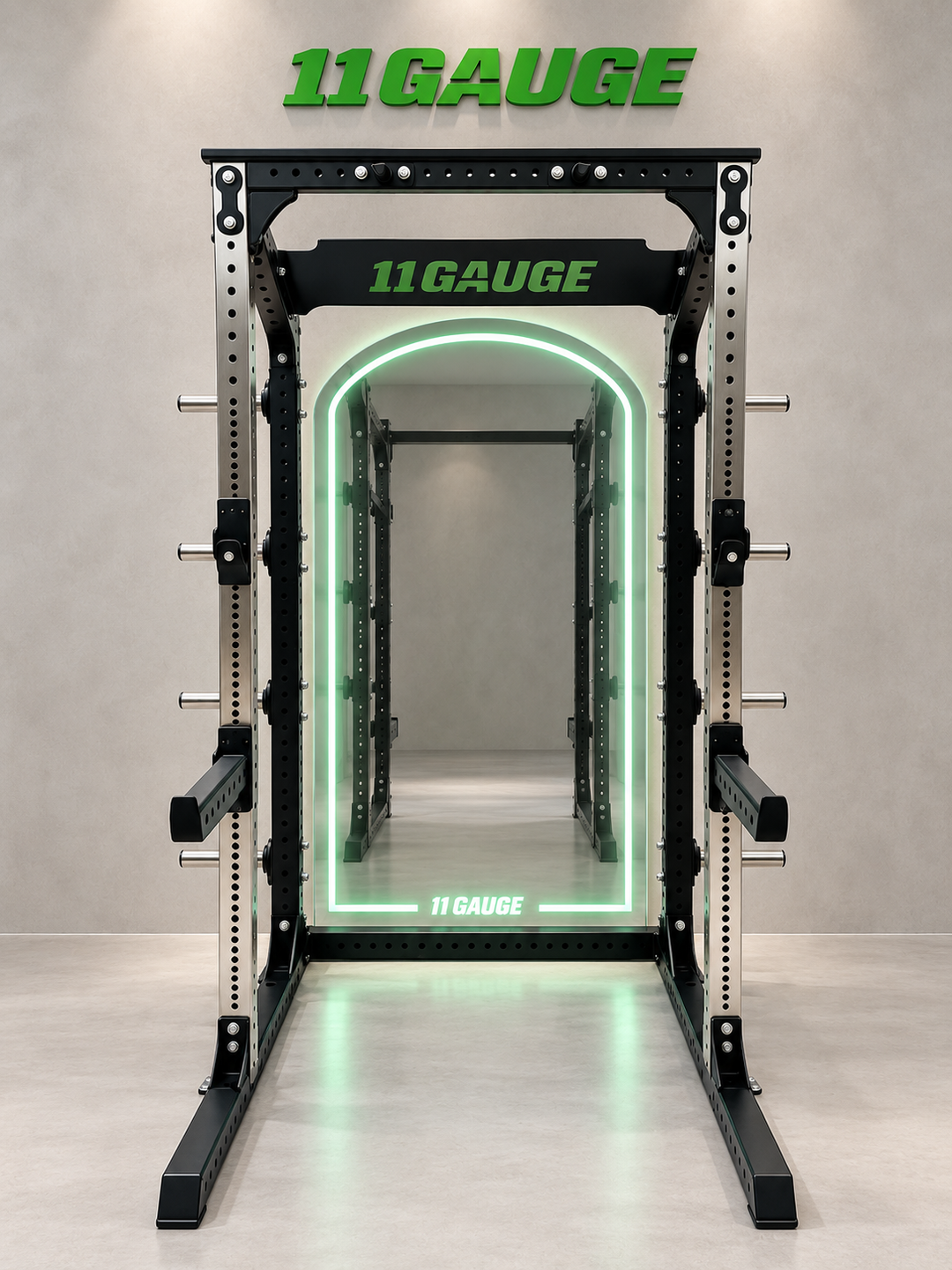 Sharp Edge Power Rack — B109 | Front scene — optional MR1000 mirror, no pegboard