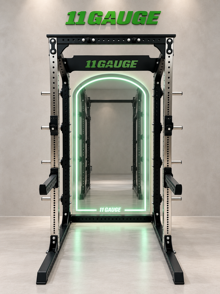 Sharp Edge Power Rack — B109 | Front scene — optional MR1000 mirror, no pegboard