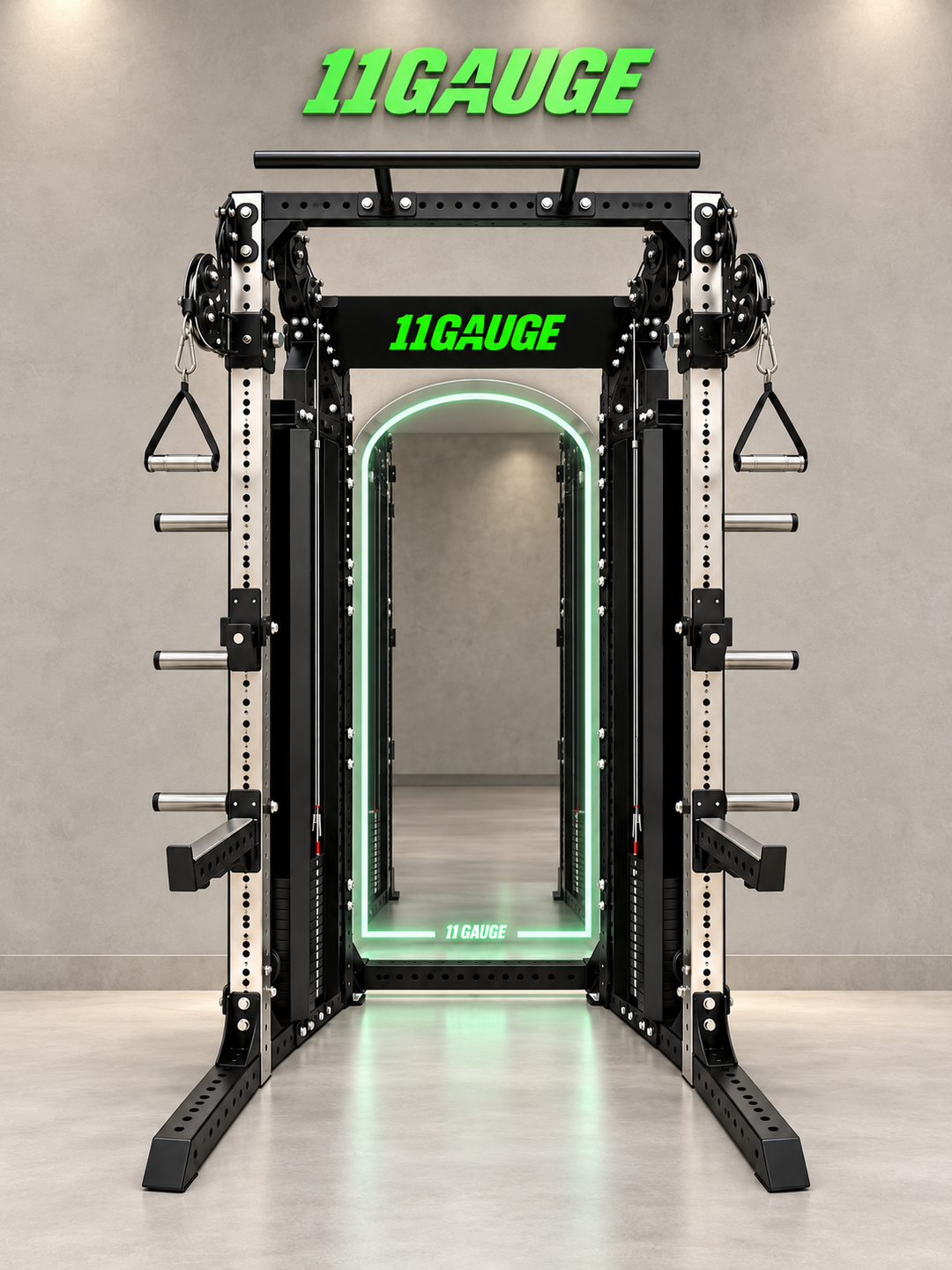 Sharp Edge Functional Trainer & Power Rack — B325 | Front scene — optional MR1000 mirror, no pegboard