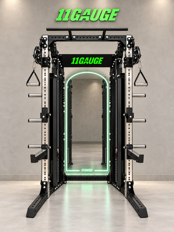 Sharp Edge Functional Trainer & Power Rack — B325 | Front scene — optional MR1000 mirror, no pegboard