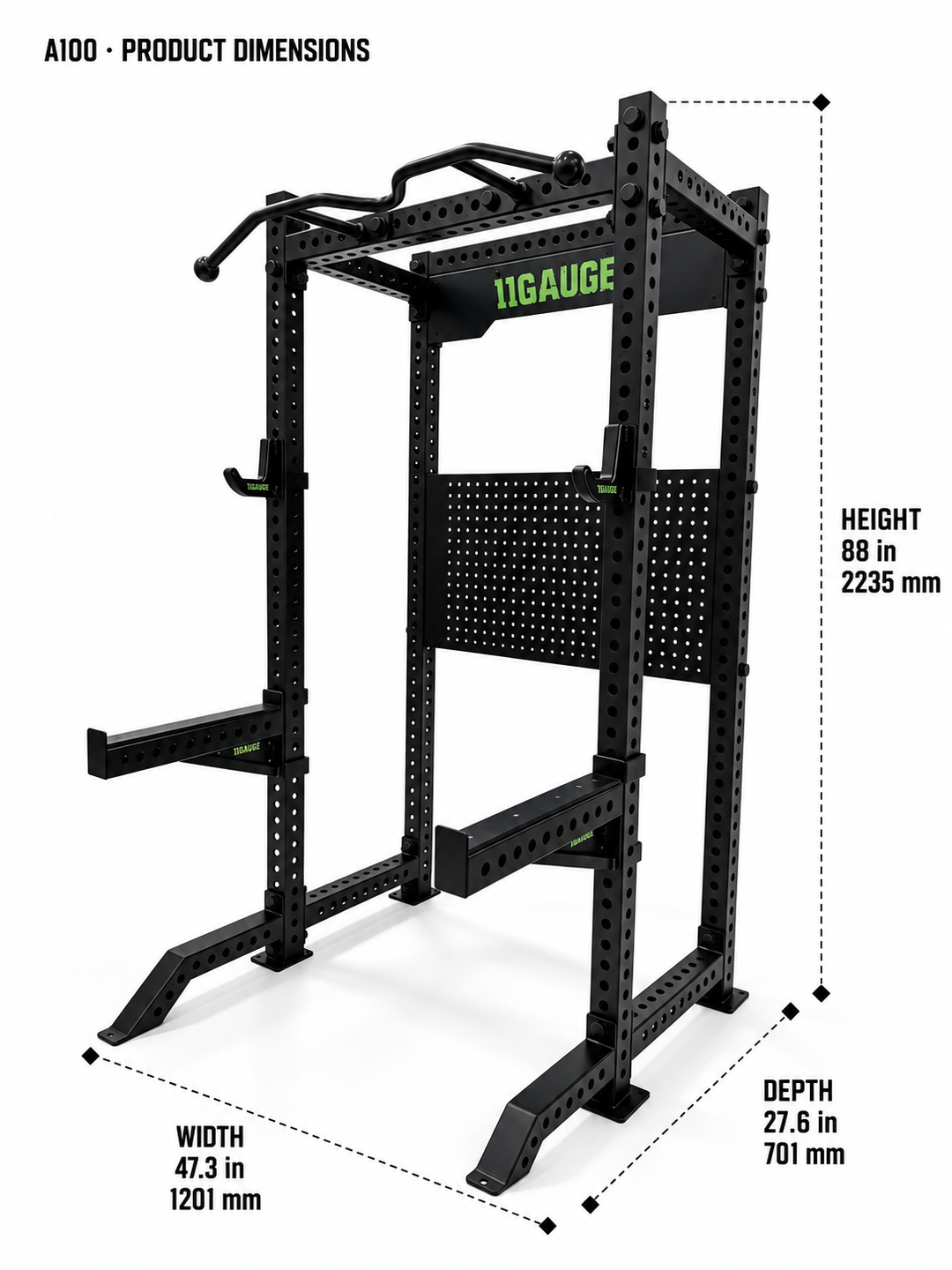 A100 dimensions — width 47.3 in, depth 27.6 in, height 88 in (1201 × 701 × 2235 mm)