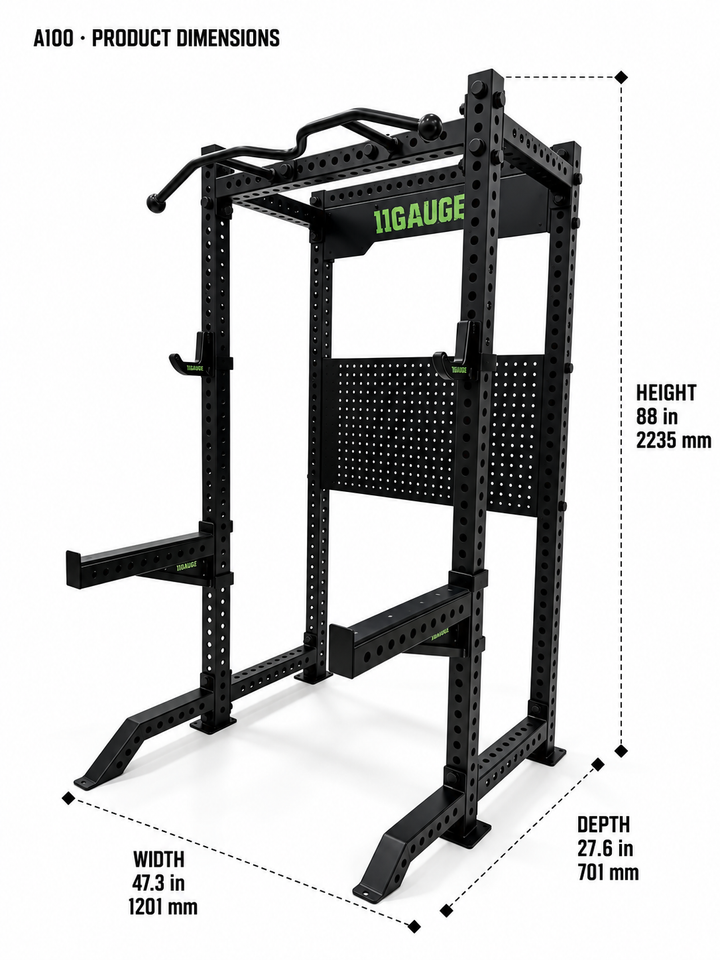 A100 dimensions — width 47.3 in, depth 27.6 in, height 88 in (1201 × 701 × 2235 mm)