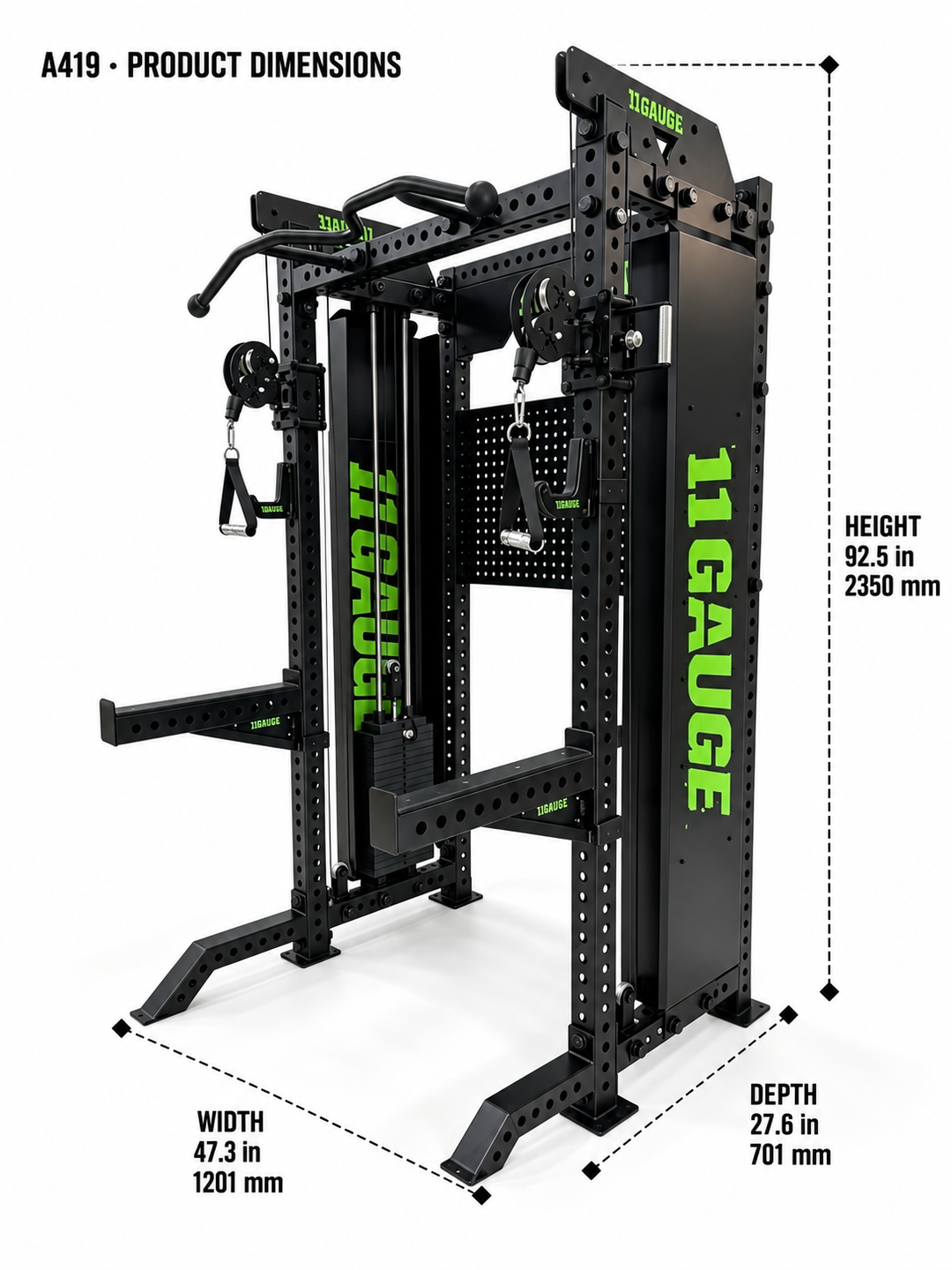 A419 dimensions — width 47.3 in, depth 27.6 in, height 92.5 in (1201 × 701 × 2350 mm)