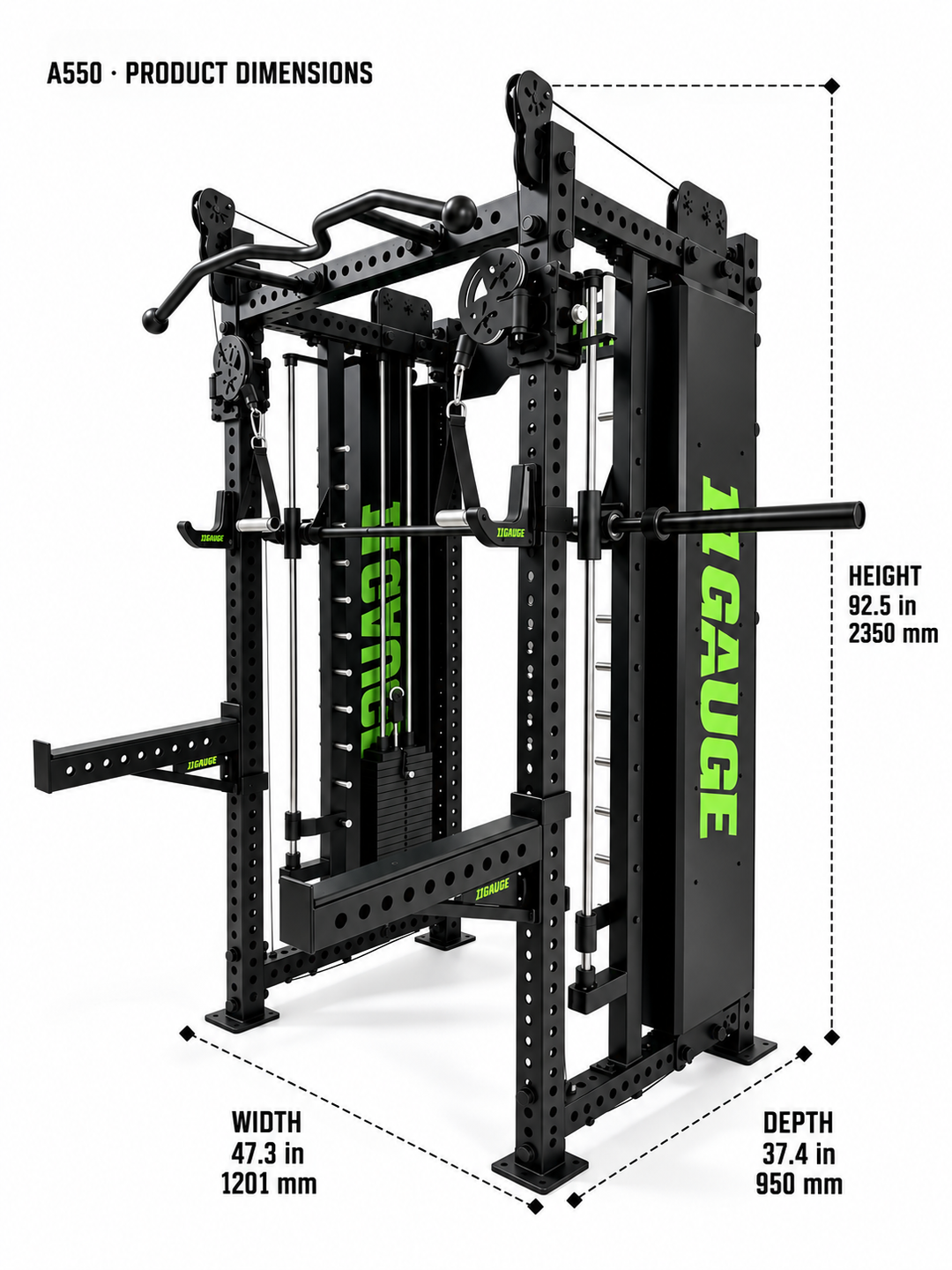 A550 dimensions — width 47.3 in, depth 37.4 in, height 92.5 in (1201 × 950 × 2350 mm)