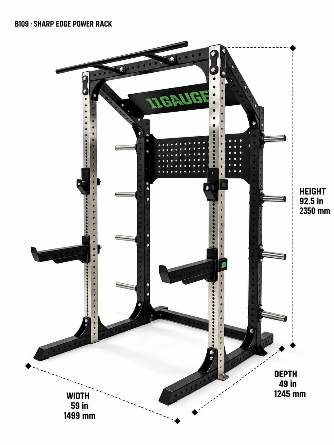 B109 dimensions — width 59 in, depth 49 in, height 92.5 in (1499 × 1245 × 2350 mm)