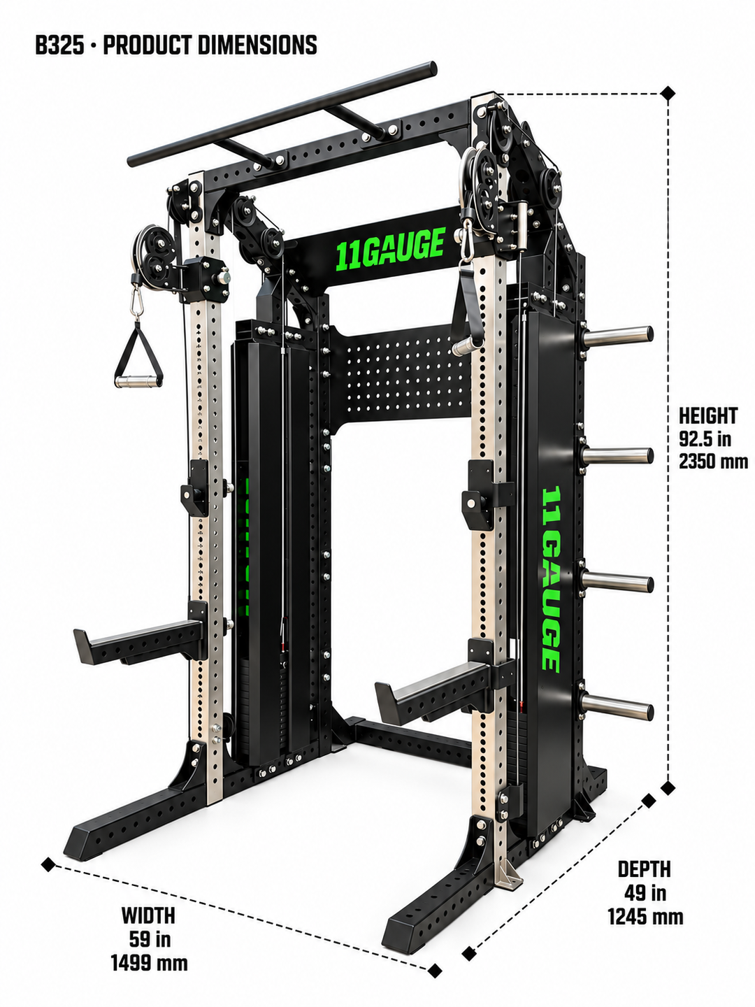 B325 dimensions — width 59 in, depth 49 in, height 92.5 in (1499 × 1245 × 2350 mm)
