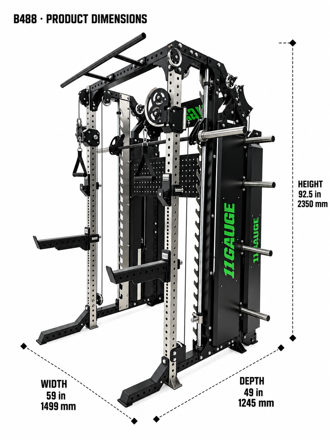 B488 dimensions — width 59 in, depth 49 in, height 92.5 in (1499 × 1245 × 2350 mm)