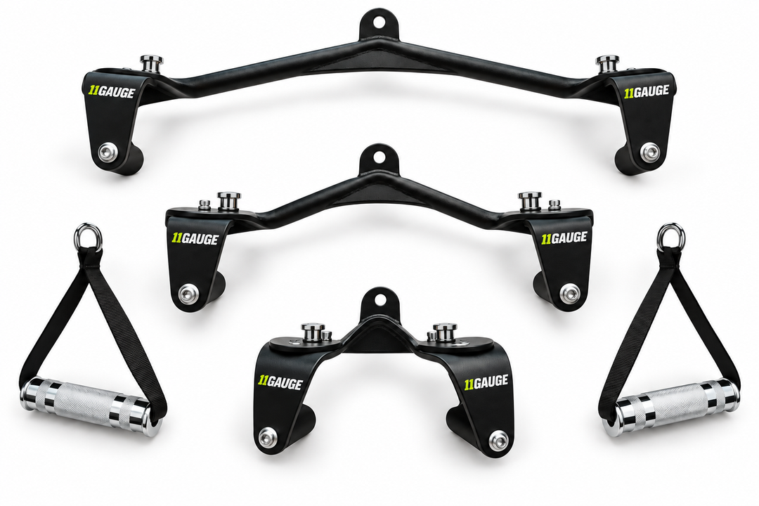 MEGA five-piece cable handle set: three multi-grip bars and two single-hand handles; no wooden pegs