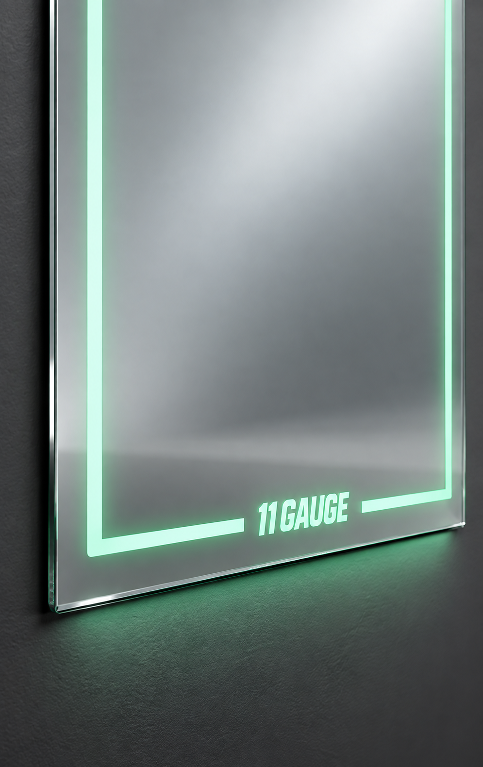 MR1000 mirror lower illuminated border and 11GAUGE wordmark — detail illustration