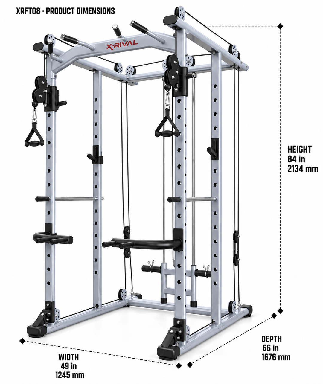 XRFT08 dimensions — width 49 in, depth 66 in, height 84 in (1245 × 1676 × 2134 mm)