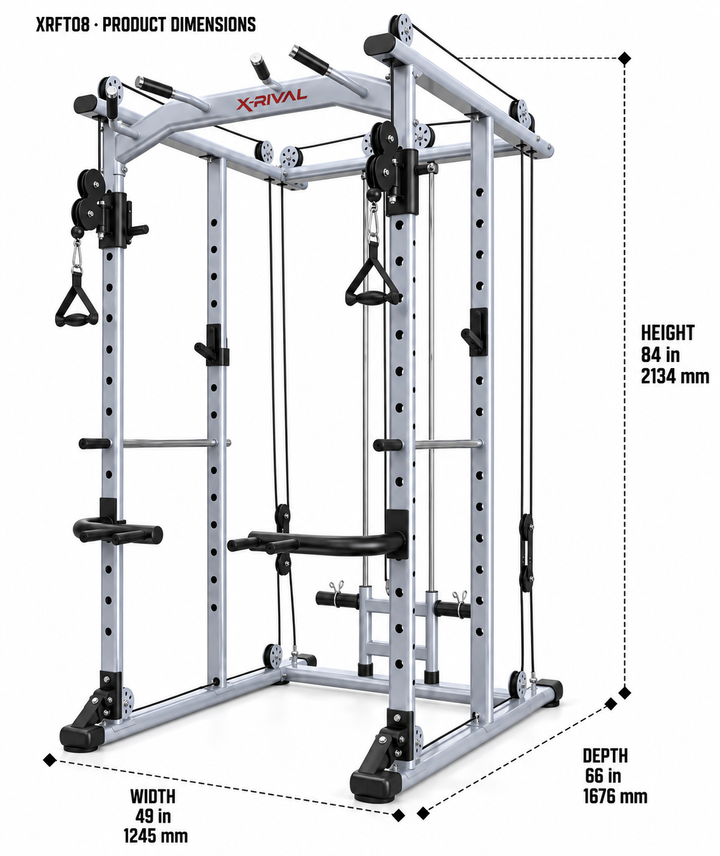XRFT08 dimensions — width 49 in, depth 66 in, height 84 in (1245 × 1676 × 2134 mm)