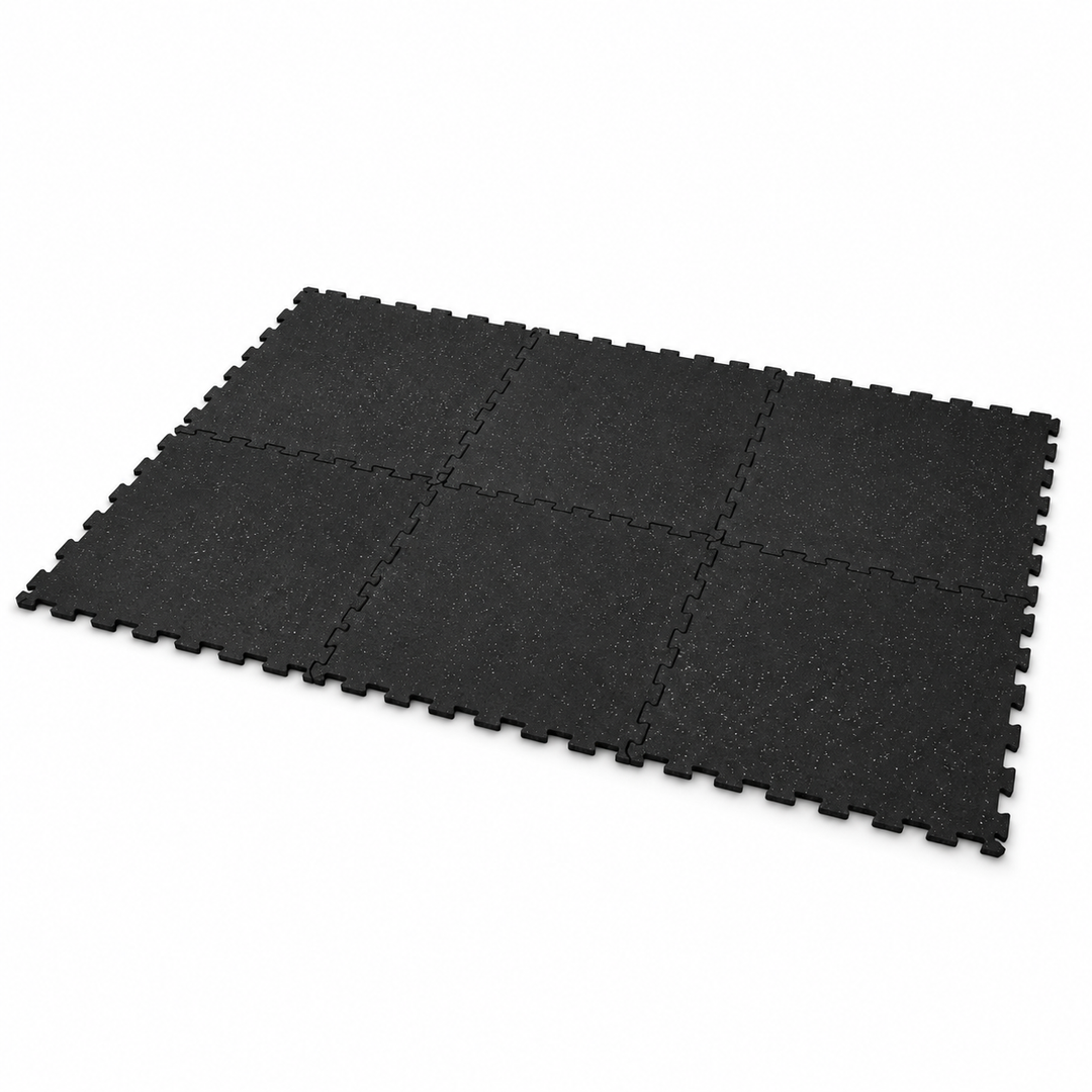 Six 38 × 38 inch, 10 mm interlocking rubber gym tiles — complete six-piece set
