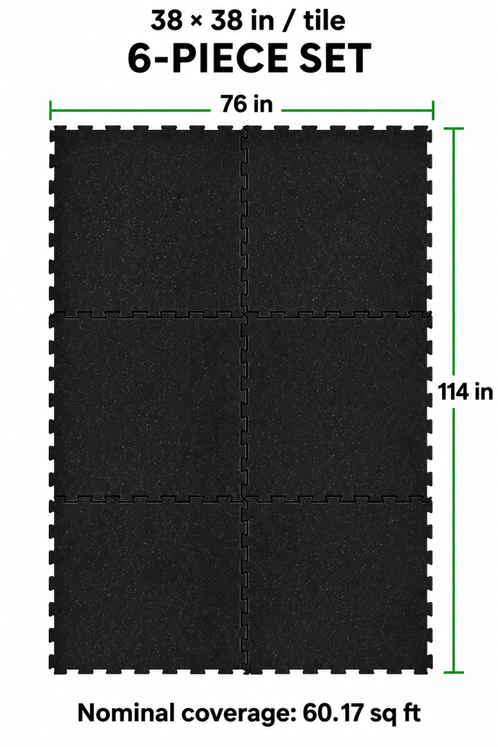 Six-piece flooring set: 38 × 38 inch tiles, 76 × 114 inch nominal 2 × 3 layout, 60.17 sq ft